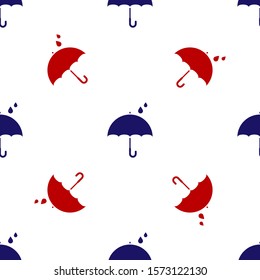 Blue and red Umbrella and rain drops icon isolated seamless pattern on white background. Waterproof icon. Protection, safety, security concept. Water resistant symbol.  Vector Illustration