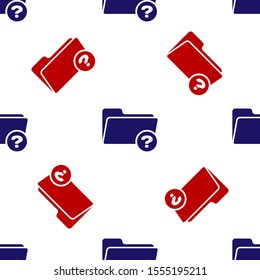 Blue and red Unknown directory icon isolated seamless pattern on white background. Magnifying glass and folder.  Vector Illustration