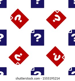 Blue and red Unknown document icon isolated seamless pattern on white background. File with Question mark. Hold report, service and global search sign.  Vector Illustration