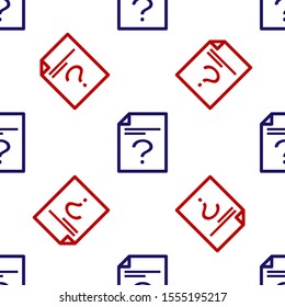 Blue and red Unknown document icon isolated seamless pattern on white background. File with Question mark. Hold report, service and global search sign.  Vector Illustration