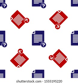 Blue and red Unknown document icon isolated seamless pattern on white background. File with Question mark. Hold report, service and global search sign.  Vector Illustration