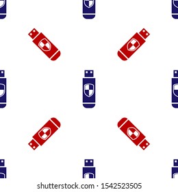 Blue and red USB flash drive and protection shield icon isolated seamless pattern on white background.  Vector Illustration
