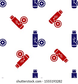 Blue and red USB flash drive and gear icon isolated seamless pattern on white background. Adjusting app, service concept, setting options, maintenance, repair, fixing.  Vector Illustration