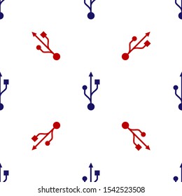 Blue and red USB symbol icon isolated seamless pattern on white background.  Vector Illustration