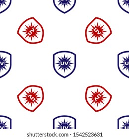 Blue and red UV protection icon isolated seamless pattern on white background. Sun and shield. Ultra violet rays radiation. SPF sun sign.  Vector Illustration