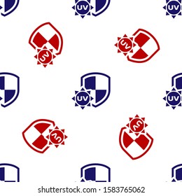 Blue and red UV protection icon isolated seamless pattern on white background. Sun and shield. Ultra violet rays radiation. SPF sun sign.  Vector Illustration