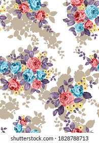 blue and red vector flowers with grey leaves bunches pattern on cream seamless background