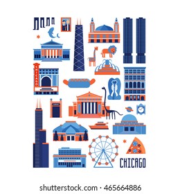 Blue and red vector set of Chicago' famous landmarks. Flat style designed historic buildings, sightseeing and known museums on white background.