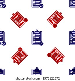 Blue and red Verification of delivery list clipboard and pen icon isolated seamless pattern on white background.  Vector Illustration
