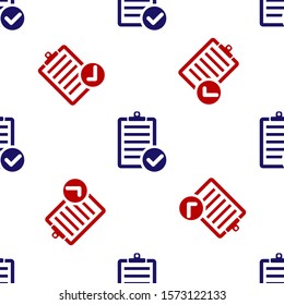 Blue and red Verification of delivery list clipboard and pen icon isolated seamless pattern on white background.  Vector Illustration