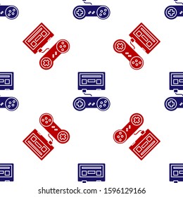 Blue and red Video game console with joystick icon isolated seamless pattern on white background.  Vector Illustration