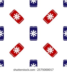 Blue and red Virus statistics on mobile icon isolated seamless pattern on white background. Corona virus 2019-nCoV. Bacteria and germs, cell cancer, microbe, fungi.  Vector