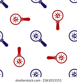 Blue and red Virus under magnifying glass icon isolated seamless pattern on white background. Corona virus 2019-nCoV. Bacteria and germs, microbe, fungi.  Vector