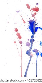 Blue and red watercolor splashes and blots on white background. Ink painting. Hand drawn illustration. Abstract artwork. 
