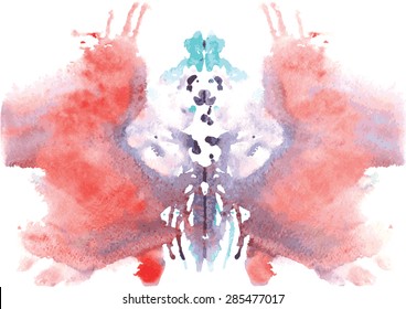 blue red watercolor symmetrical Rorschach blot on a white background