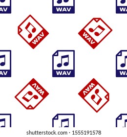 Blue and red WAV file document. Download wav button icon isolated seamless pattern on white background. WAV waveform audio file format for digital audio riff files.  Vector Illustration