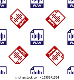 Blue and red WAV file document. Download wav button icon isolated seamless pattern on white background. WAV waveform audio file format for digital audio riff files.  Vector Illustration