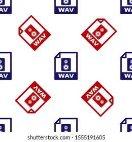 Blue and red WAV file document. Download wav button icon isolated seamless pattern on white background. WAV waveform audio file format for digital audio riff files.  Vector Illustration