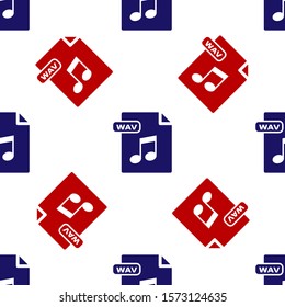 Blue and red WAV file document. Download wav button icon isolated seamless pattern on white background. WAV waveform audio file format for digital audio riff files.  Vector Illustration