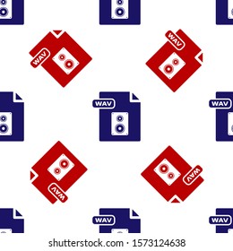 Blue and red WAV file document. Download wav button icon isolated seamless pattern on white background. WAV waveform audio file format for digital audio riff files.  Vector Illustration