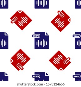 Blue and red WAV file document. Download wav button icon isolated seamless pattern on white background. WAV waveform audio file format for digital audio riff files.  Vector Illustration