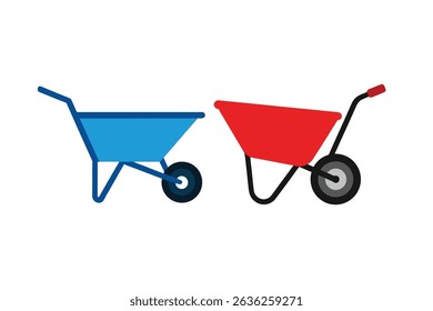 Blue and Red Wheelbarrows Construction Tool Icons, Gardening Equipment Illustrations, Farm Cart Graphics, Simple Vector Design, Handyman Equipment Clipart