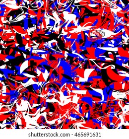 Blue, red, white, abstract seamless vector grunge pattern of spot and wavy lines.