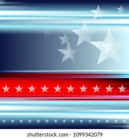 Blue red white background with stars for july 4th. Abstract illustration of American flag. Independence Day background vector design. American patriotic striped red and blue frame with white stars.