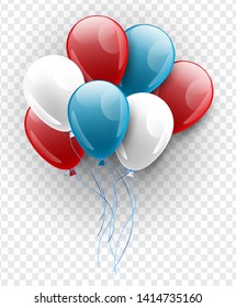 Blue, red, and white balloons in American flag color on transparent background. 4th of July or memorial day decoration.