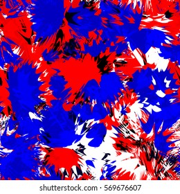 Blue, red, white, black colors. Shapeless spots. Seamless background
