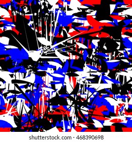 Blue, red, white, black. Sharp corners, like thorns, triangles, stains in the form of leaves, stripes, spots. Randomly mixed. Abstract seamless pattern. Grunge texture. Artistic vector background.