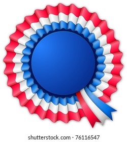 Blue red and white blank rosette with ribbon isolated on white