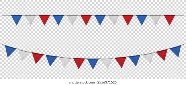 Blue, Red, White Bunting flags, carnival party triangle flag banner background. Decorative pennants hanging on a rope for Celebration, Birthday, Holiday, New Year. Festive decoration elements vector
