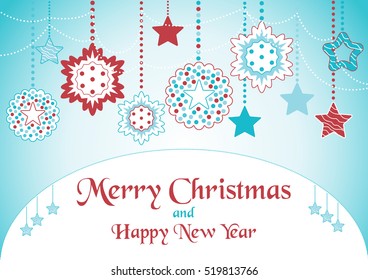 Blue and red and white christmas postcard, vector illustration. 