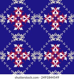 Blue, red and white Classic Damask Seamless Pattern - Vector Illustration for Elegant Textile Design