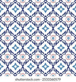 Patrón transparente de damasco clásico azul, rojo y blanco: Ilustración vectorial para un diseño textil elegante, alfombras, cortinas y ropa. Ideal para toda la decoración.