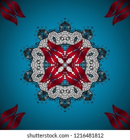 Blue, red and white colors with colored ornament mandala, based on ancient greek and islamic ornaments. For wedding invitation, book cover or flyer.