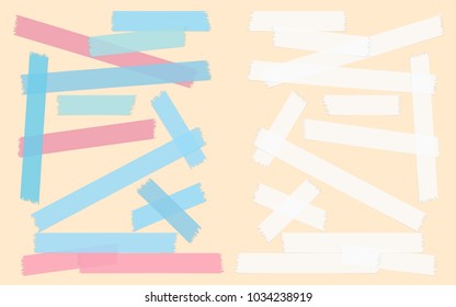 Blue, red, white different size adhesive, sticky, masking, duct tape, paper pieces for text on yellow background