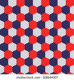 Patrón geométrico sin soldadura hexágono azul, rojo y blanco, vectorial