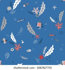 Blue Red White Fish Seaweed Coral Shell in the ocean vector seamless pattern. Whimsy underwater world background. Scandinavian decorative childish surface design for nautical nursery navy kids fabric.