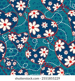 Blue red white floral daisy drawing Heart seamless pattern. Wallpaper for banner, wrapping paper, greeting card, poster backgrounds