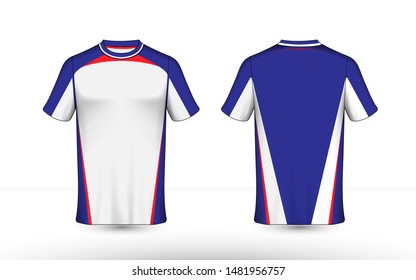 Blue, red and white layout e-sport t-shirt design template