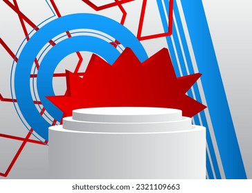 Pantalla de maqueta azul, rojo y blanco. Escenario de exposición, podio peatonal para presentación de producto. Formas geométricas mínimas vectoriales, escena vacía.