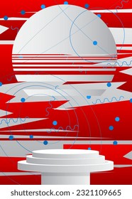 Pantalla de maqueta azul, rojo y blanco. Escenario de exposición, podio peatonal para presentación de producto. Formas geométricas mínimas vectoriales, escena vacía.