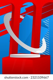 Blue, red and white mockup display. Stage showcase, cylinder pedestal podium for product presentation. Vector minimal geometric forms, empty scene.