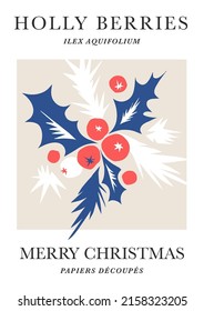 Blue red white paper cut Holly berry xmas plant Matisse inspired collage vector illustration. Holiday season decoration winter berry Merry Christmas greeting postcard.