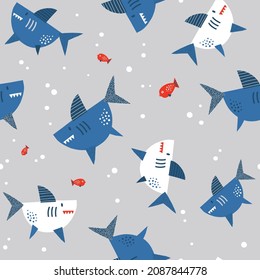 Blue Red White Papercut Shark and Fish Water bubbles vector seamless pattern. Under the sea life background. Scandinavian decorative childish surface design for nautical nursery and navy kids fabric.