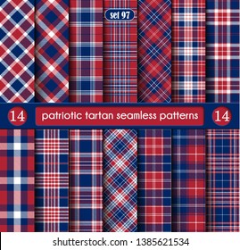 Blue, Red and White of Patriotic Tartan Seamless Patterns. Suitable for Elections or 4th of July. Vector Endless Texture Can Be Used for Wallpaper, Background, Pattern Fills, Web Page, Surface.