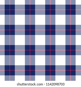 Blue, red and white plaid seamless pattern. Vector background