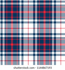 Blue, Red And White Plaid Seamless Pattern. Vector Background